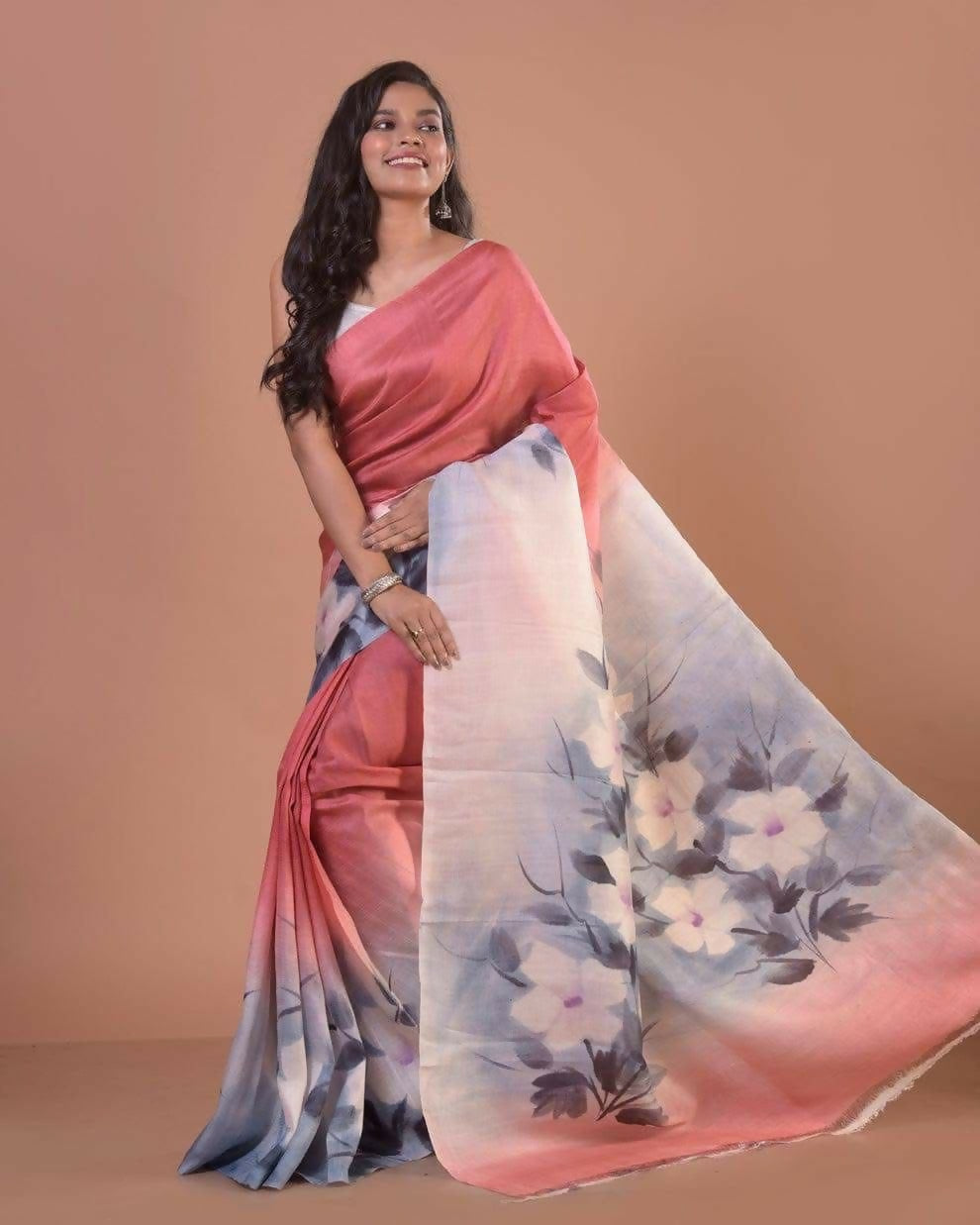 Blush Mist Semi Murshidabad Bapta Silk Saree Handblock Prints + Blouse