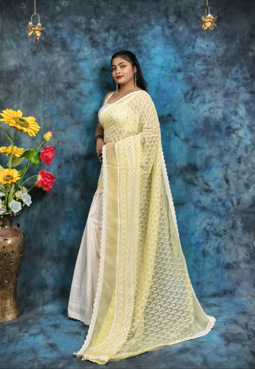 Graceful Two-Tone Handcrafted Hakoba Saree in Pastel Yellow & White – Elegant White Embroidery