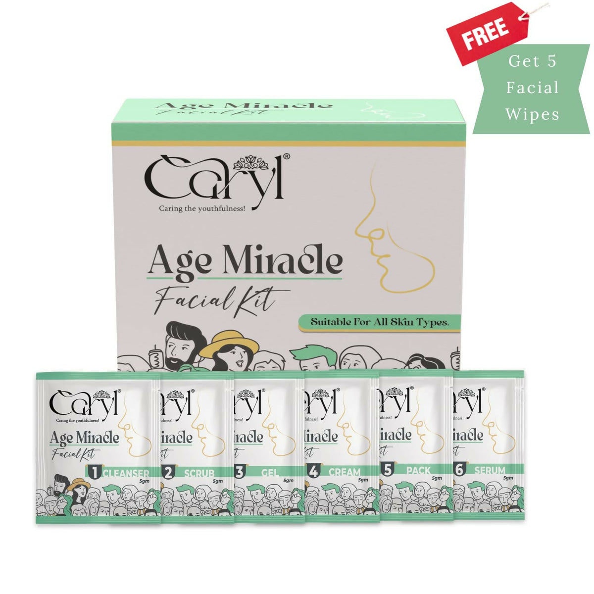 Caryl Age Miracle Facial Kit for Improves Skin Texture,Purifies Skin & Increases Firmness With Bakuchi,Carrot Seed Oil,Lactic Acid|Removes Dark Spot,Collagen Boost|All Skin Types 30g + 5 Facial Wipes