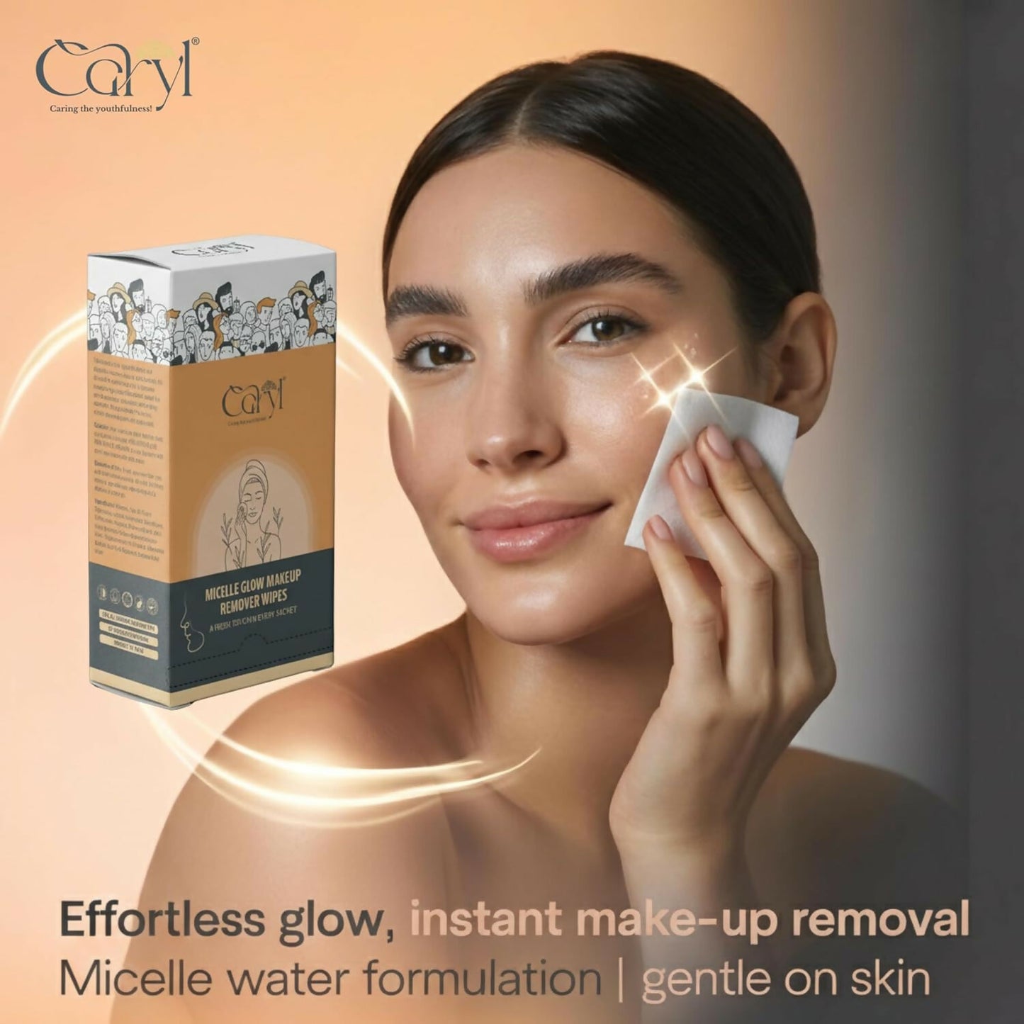 CARYL Micelle Glow makeup remover micellar water facial wet wipes for women (72 Single use Sachets) | Micellar Water Formula with Aloe Vera, Chamomile Extract, D Panthenol | Gentle Facial Cleansing Wet Tissues for Soft, Hydrated Skin, lipstick remover wip