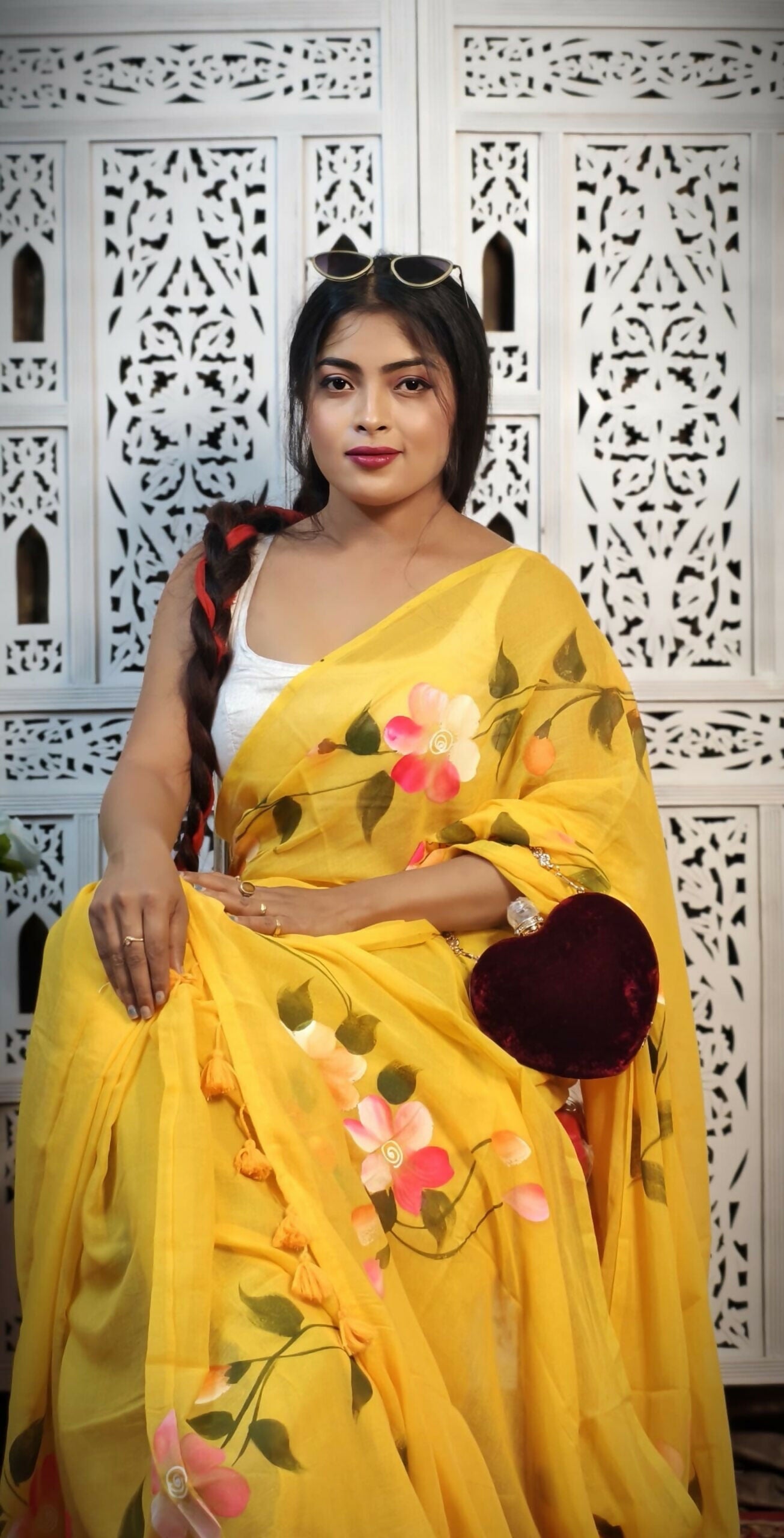 Hand-Painted Floral Mul Cotton Saree in Yellow – Pure & Breathable Fabric