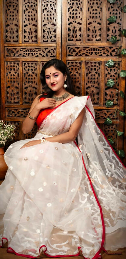 Handcrafted White Pure Organza Muslin Saree with Red Border & Floral Appliqué Work | Festive Bengali Saree | Includes Matching Red Blouse Piece