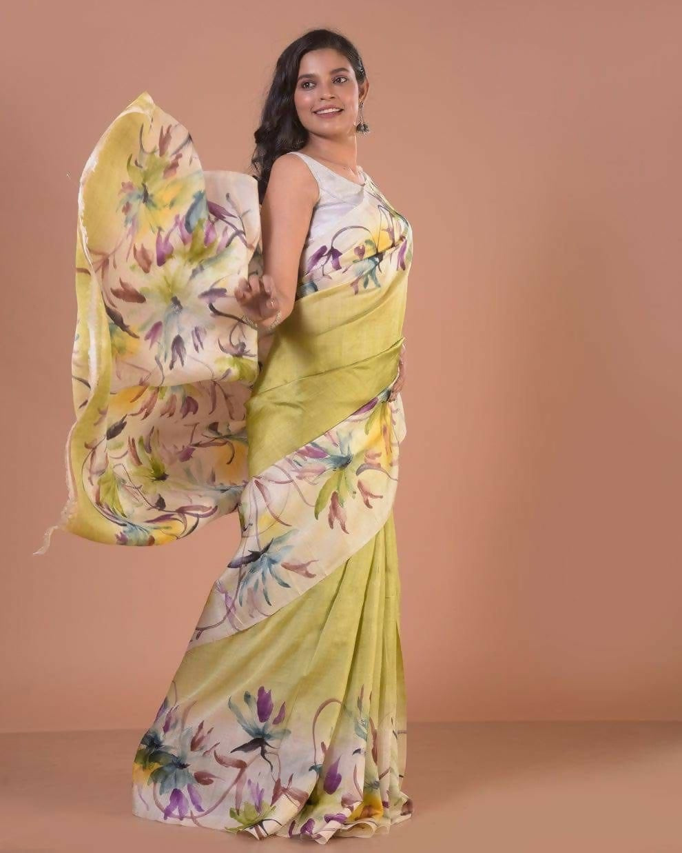 Lime Whisper Semi Murshidabad Bapta Silk Saree – Handblock Floral Print in Yellow, Purple & Blue with Blouse