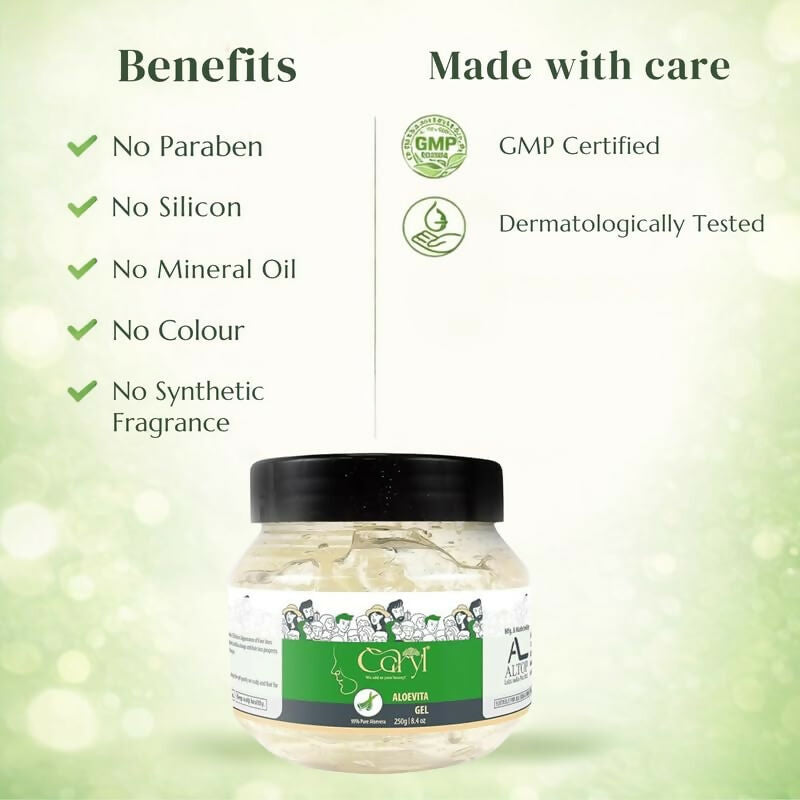 Caryl Aloe Vera Gel 250g for Face, Hair Care|Helps Reduce Acne,Sunburn & Dark Circles|Deep Hydration & Skin Brightening|Pure Aloe Vera,Tea Tree & Lemon Peel|Lightweight,Non-Greasy Gel For Men & Women