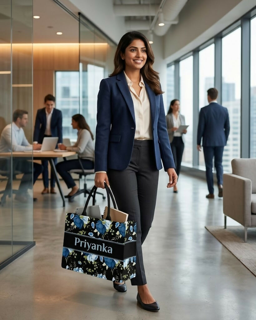 Custom Name Blue Elegant Floral Canvas Tote Bag for Women