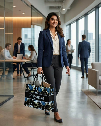 Custom Name Blue Elegant Floral Canvas Tote Bag for Women