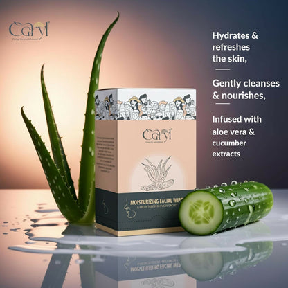 Caryl Moisturizing Facial Wipes |Makeup Removal Wipes Gently Cleanses, Hydrates & Refreshes Skin |Aloe Vera, Cucumber & Vitamin E |Non-Sticky, Soft & Alcohol-Free |All Skin Types |Travel Friendly Wet Wipes individually wrapped (72- Sachets)