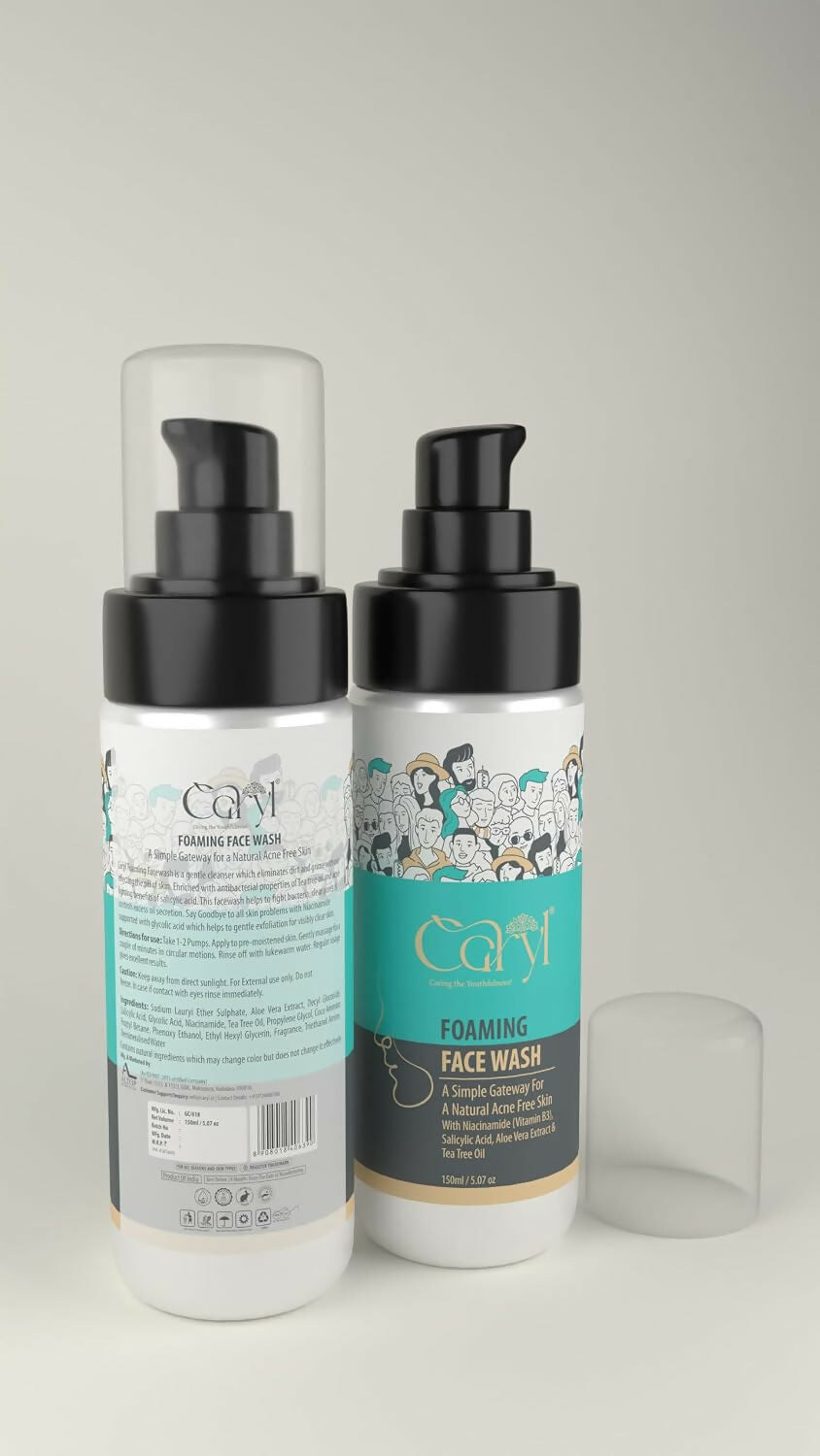 Caryl 150ml Foaming Face Wash | Salicylic Acid, Tea Tree Oil & Aloe Vera Face Cleanser for Oily & Acne-Prone Skin | Deep Pore Cleansing, Oil Control & Pimple Care | Paraben-Free Face Wash for Men & Women