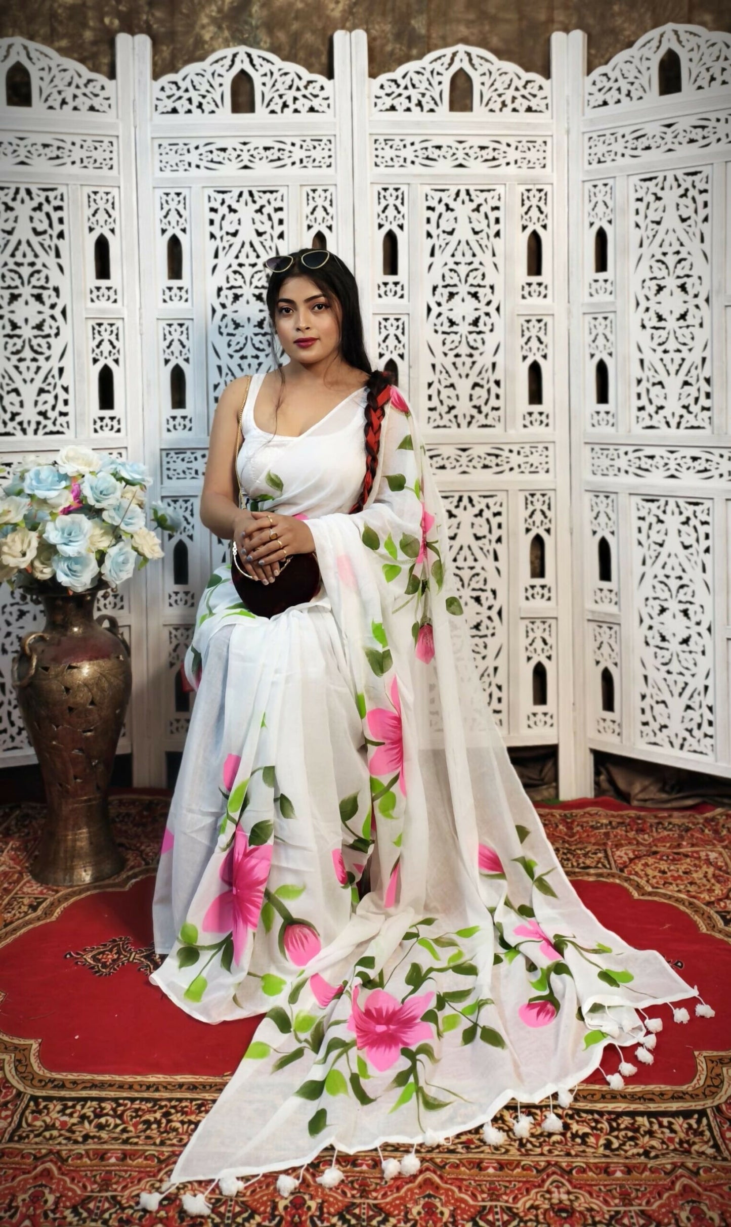 Hand-Painted White Mul Cotton Saree with Bright Pink Floral Artwork
