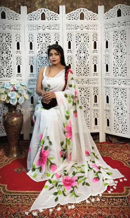 Hand-Painted White Mul Cotton Saree with Bright Pink Floral Artwork