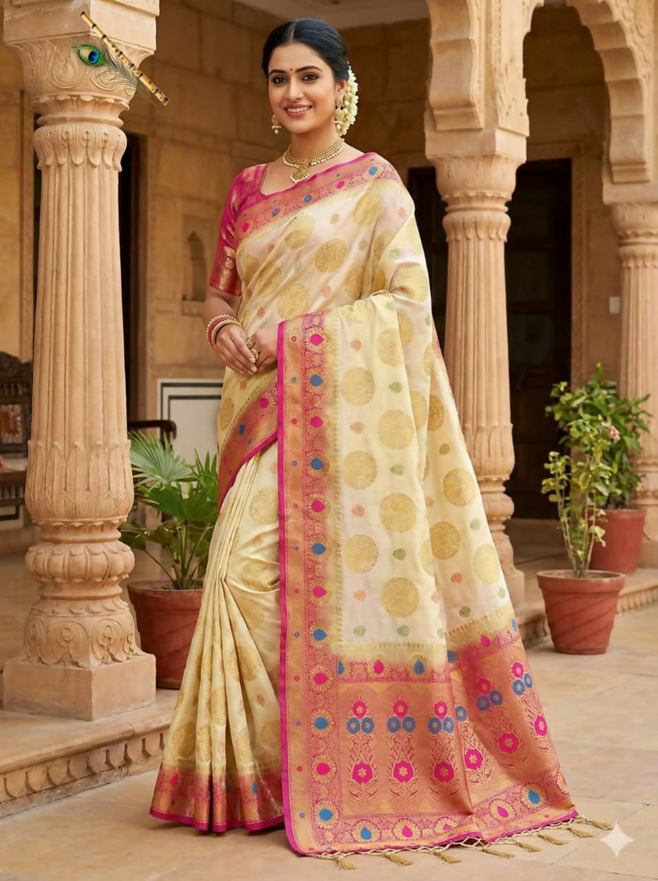 Elegant Cream Bangalore Dola Silk Saree with Pink Contrast Border & Golden Zari Butti – Handcrafted Wedding & Festive Wear with Blouse Piece