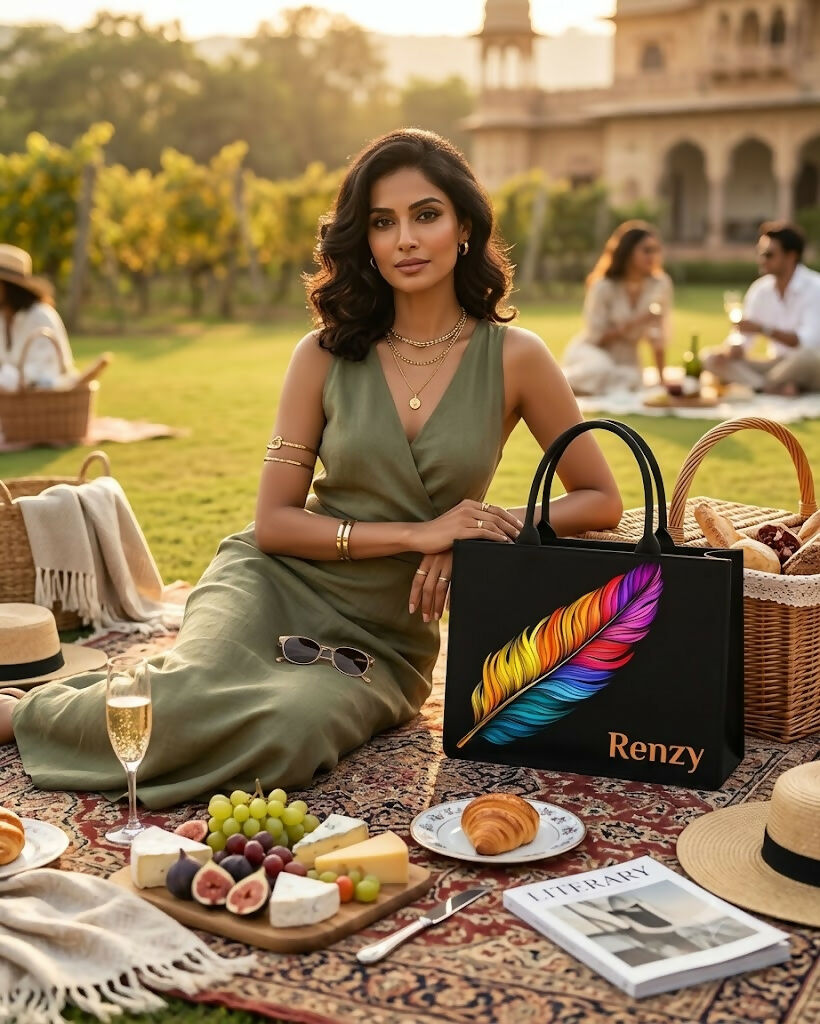 Custom Name Rainbow Feather Tote Bag | Canvas Handbag for Women