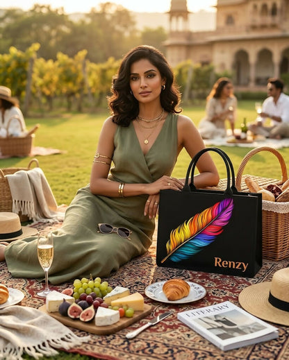 Custom Name Rainbow Feather Tote Bag | Canvas Handbag for Women
