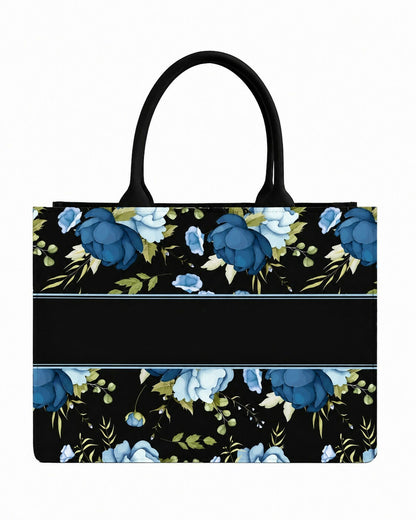Custom Name Blue Elegant Floral Canvas Tote Bag for Women