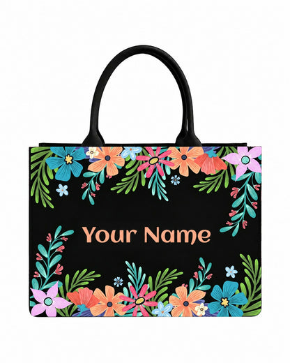 Custom Name Colorful Floral Tote Bag | Canvas Handbag for Women