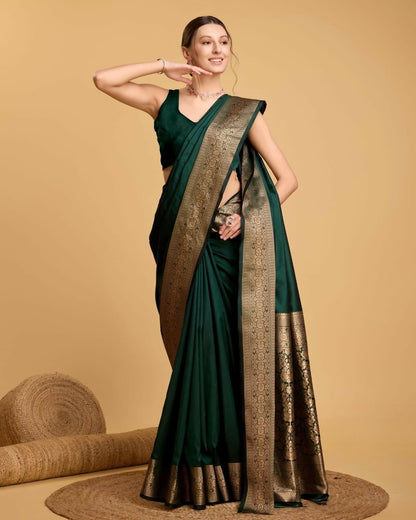 Handcrafted Emerald Green Kathan Silk Saree with Antique Gold Zari Border & Royal Floral Pallu