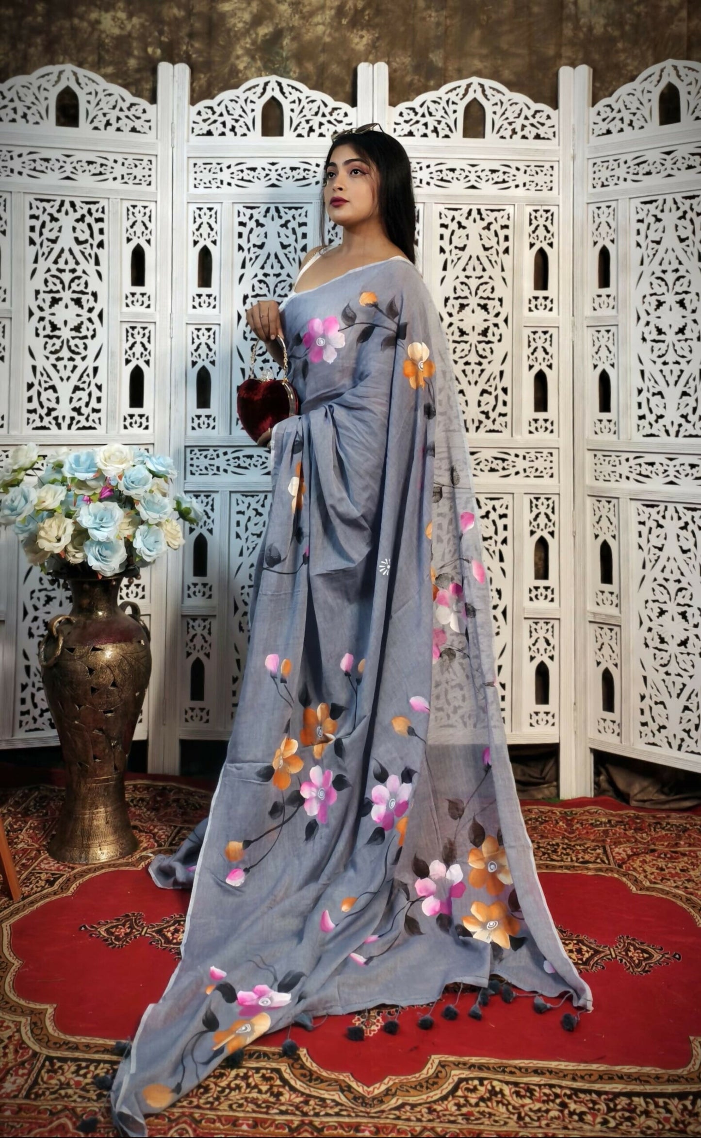 Hand-Painted Grey Mul Cotton Saree with Pink, Orange & White Floral Design