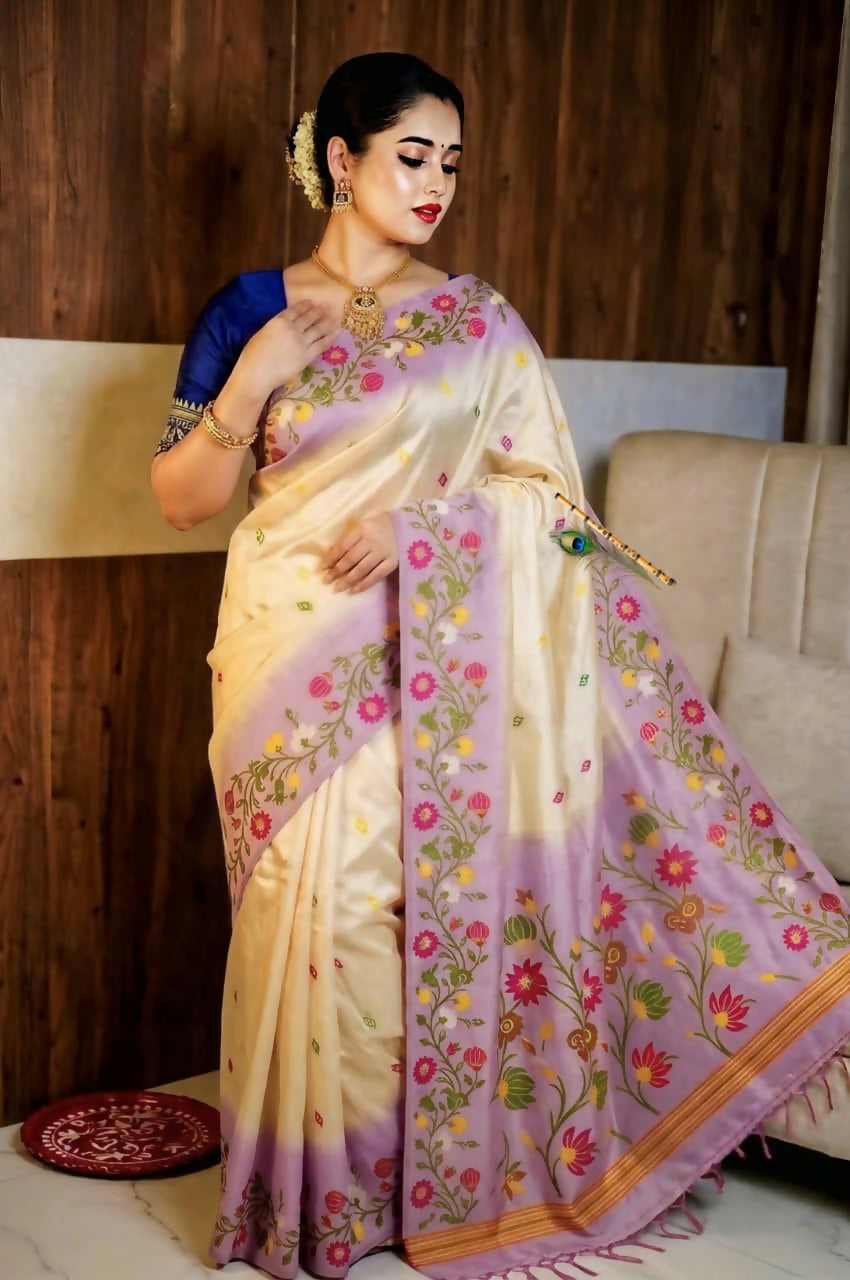 Ivory & Lavender Tussar Silk Saree with Ikkat Handwork Floral Border | Elegant Handcrafted Ethnic Wear with Blouse Piece