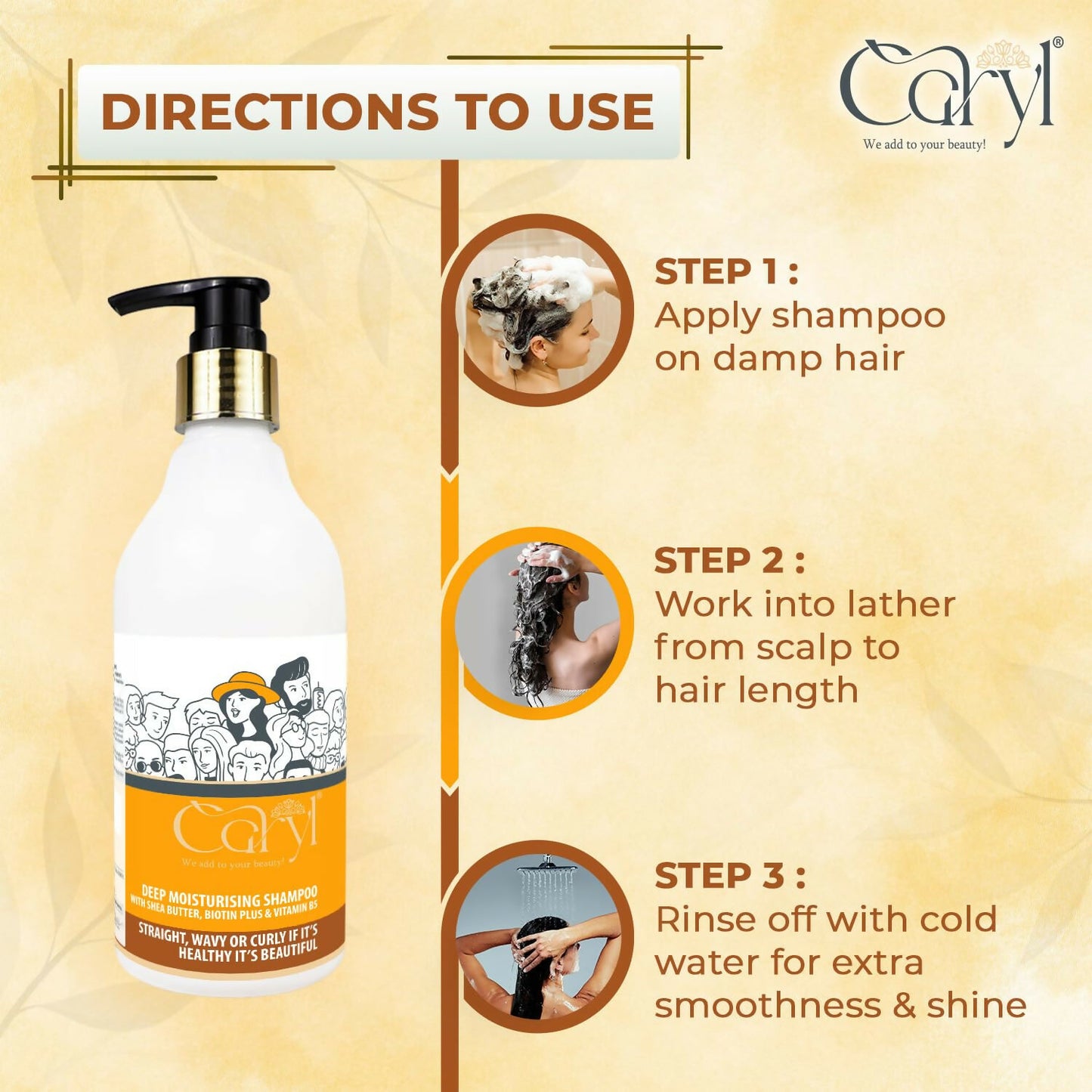 Caryl Deep Moisturising Shampoo | Enriched With Shea Butter, Biotin Plus & Vitamin B5| Designed to Give Hair Deep Moisture and Reduce Fizziness| Paraben Free | Suitable for Men & Women – 300 ML