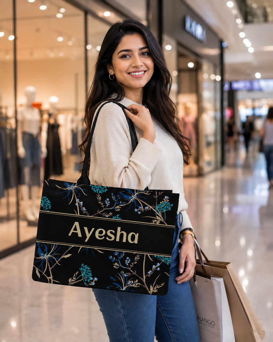 Custom Name Blue Floral Tote Bag | Elegant Canvas Handbag for Women