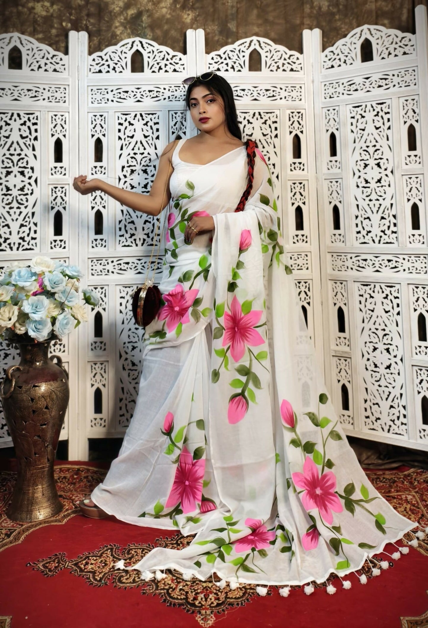 Hand-Painted White Mul Cotton Saree with Bright Pink Floral Artwork