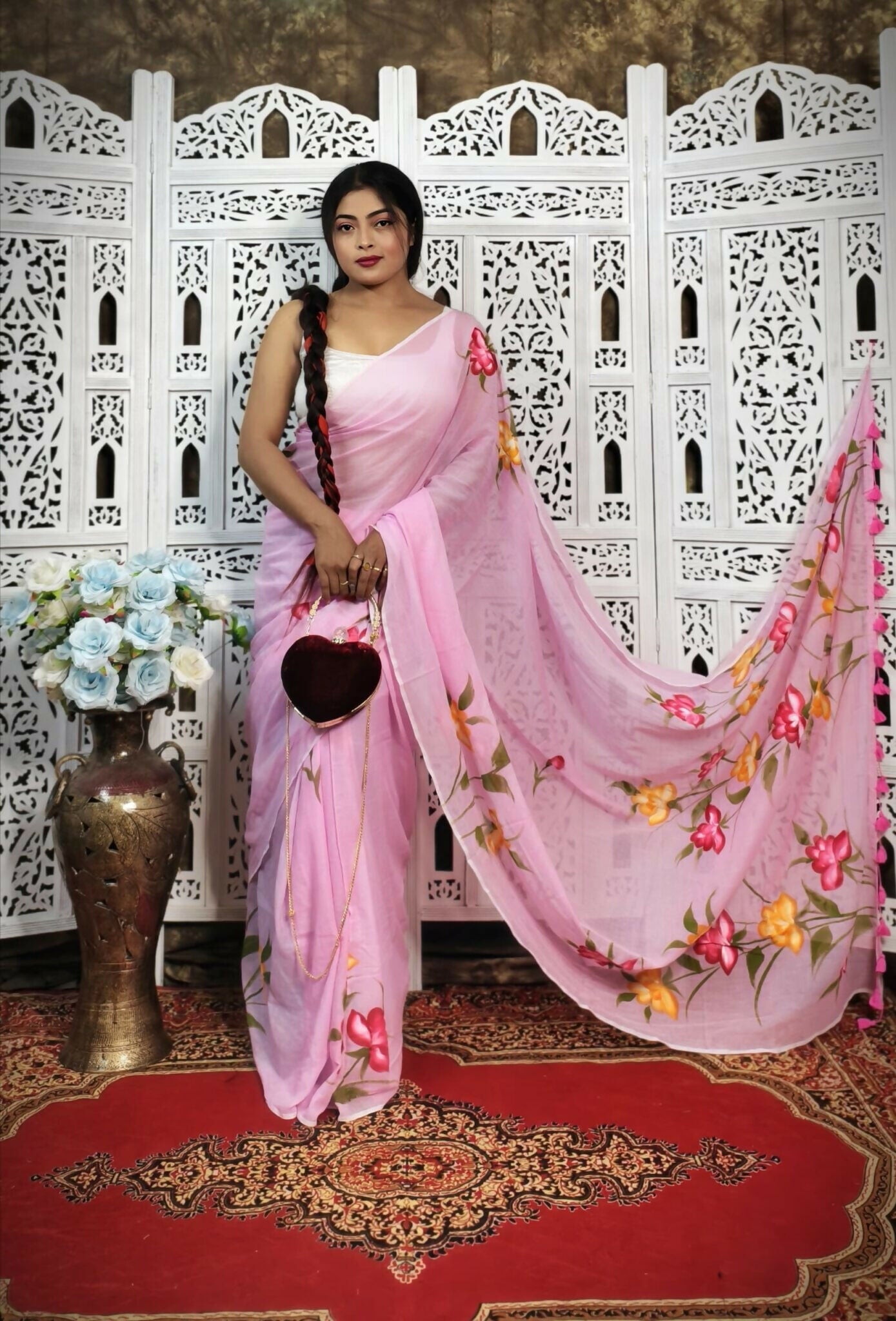 Hand-Painted Baby Pink Mul Cotton Saree with Multicolor Floral Artwork
