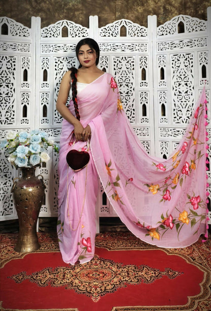 Hand-Painted Baby Pink Mul Cotton Saree with Multicolor Floral Artwork