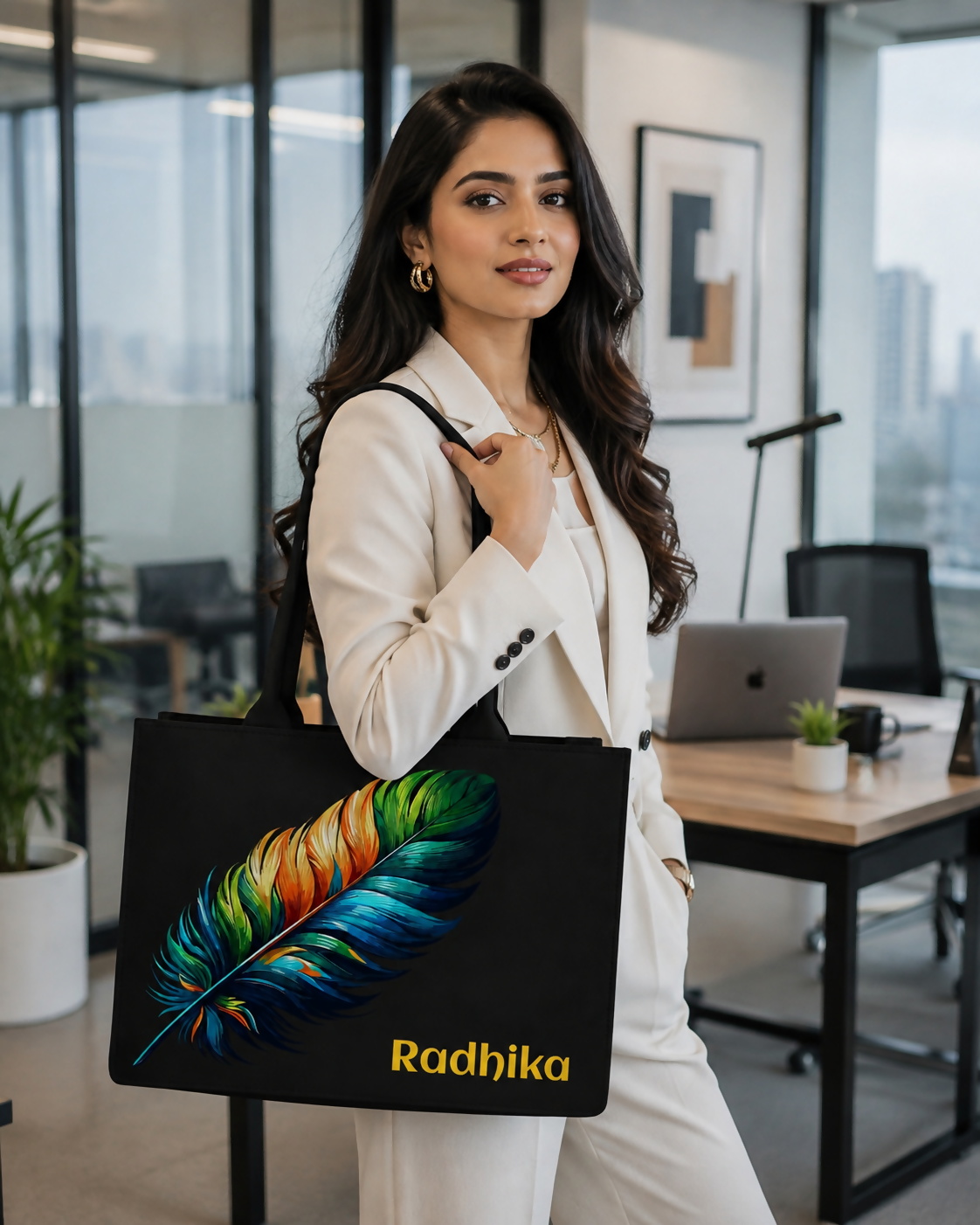 Custom Name Colorful Feather Tote Bag | Elegant Canvas Handbag