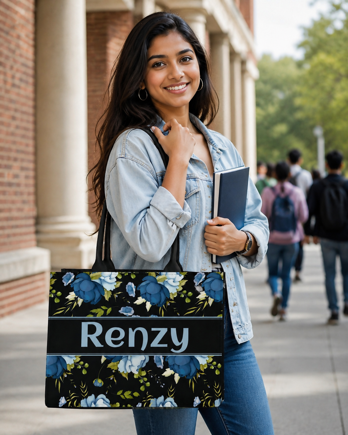 Custom Name Blue Elegant Floral Canvas Tote Bag for Women