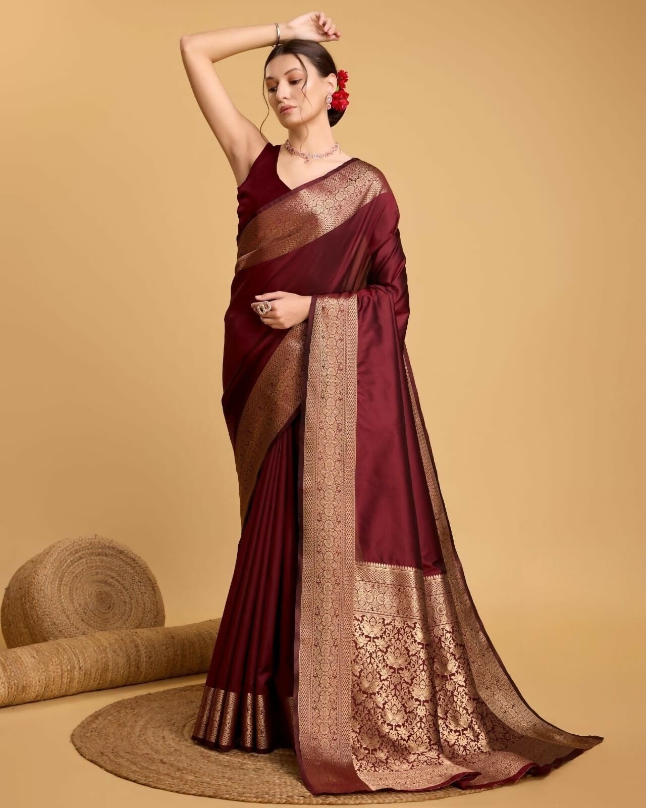 Handcrafted Deep Wine Kathan Silk Saree with Royal Golden Zari Weaving & Designer Pallu