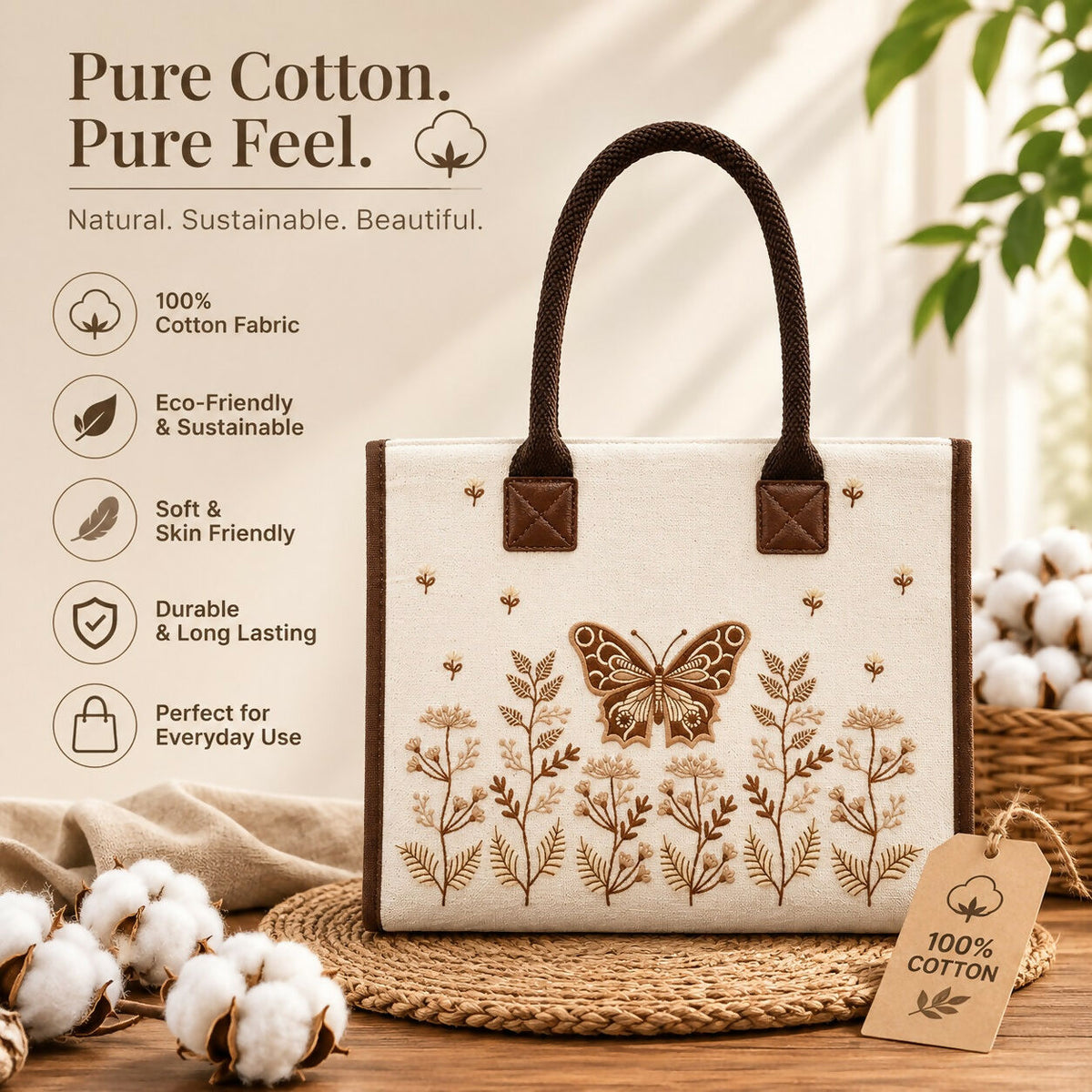 Personalized Butterfly Embroidered Cotton Canvas Handbag - Pure Cotton