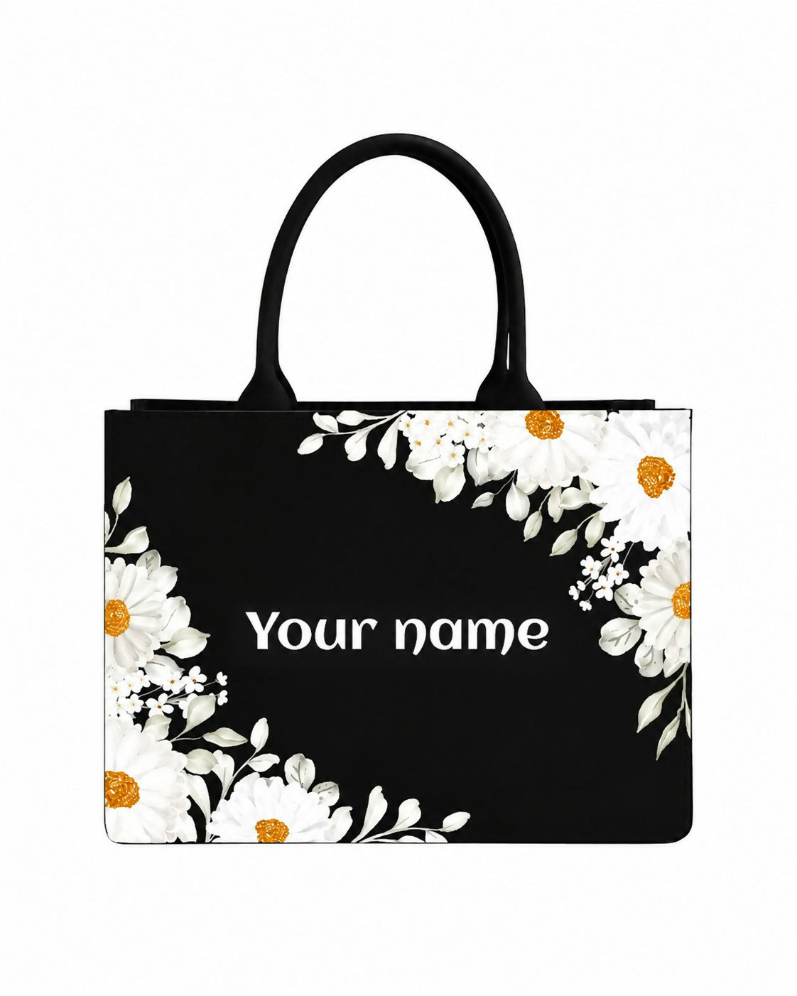 Custom Name White Floral Tote Bag | Canvas Handbag for Women