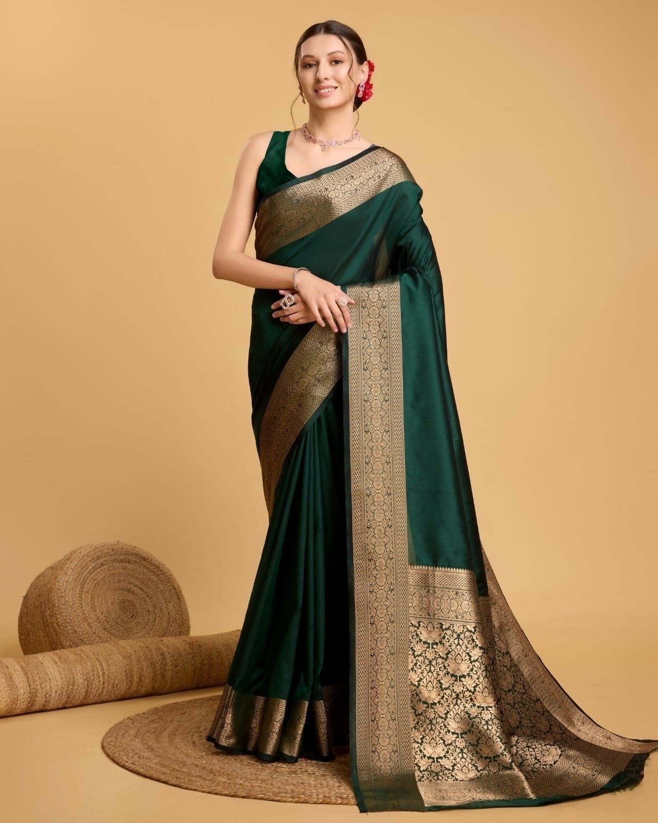 Handcrafted Emerald Green Kathan Silk Saree with Antique Gold Zari Border & Royal Floral Pallu