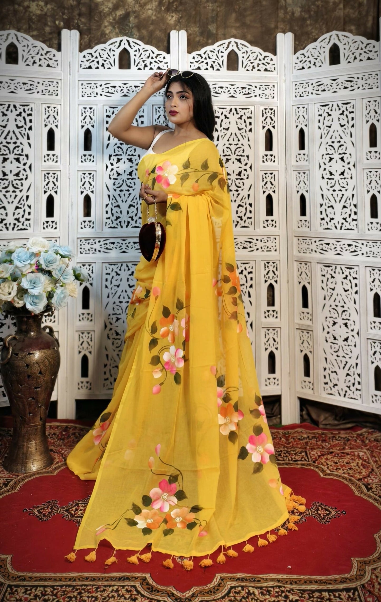 Hand-Painted Floral Mul Cotton Saree in Yellow – Pure & Breathable Fabric