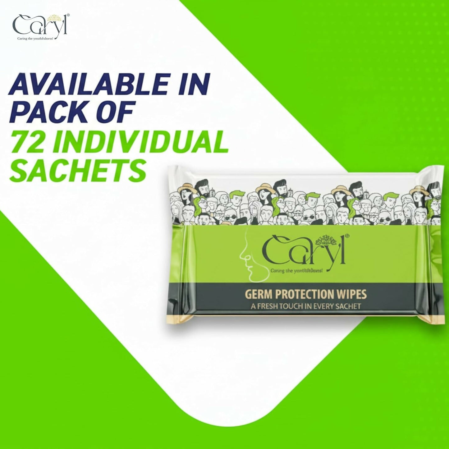 CARYL Germ Protection Wipes With Aloe Vera Extract | Multi-Purpose Disinfectant Wet Wipes for Hands and Surfaces | Anti-Germ Cleansing Facial Wipes | Gentle on Skin, Paraben-Free & Dermatologically Tested - 72 Single Sachets