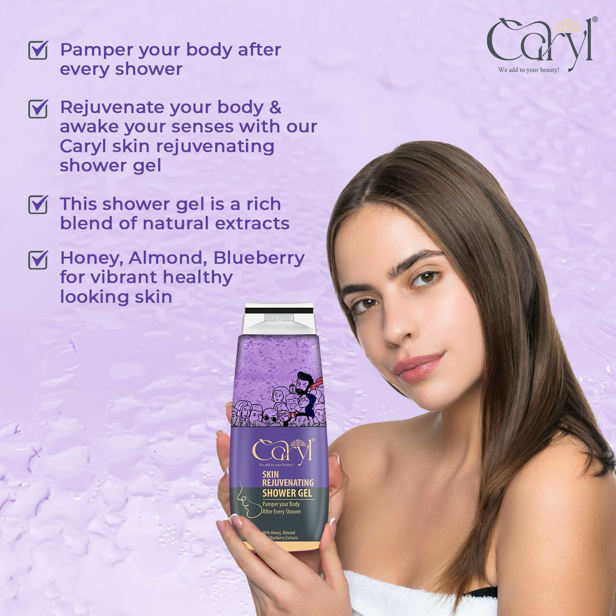 Caryl 280ml Skin Rejuvenating Body Wash|Hydrating & Gentle Exfoliating Body Wash for Glowing Skin Women, Wen|Shower Gel with Honey,Almond & Blueberry Extract|Daily Use Bath Gel All Skin|Paraben Free