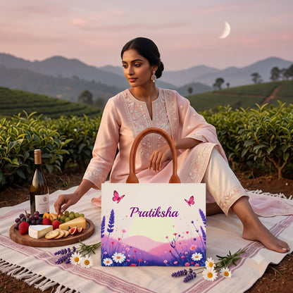 Custom Name Sunrise Meadow Tote Bag | Canvas Handbag for Women