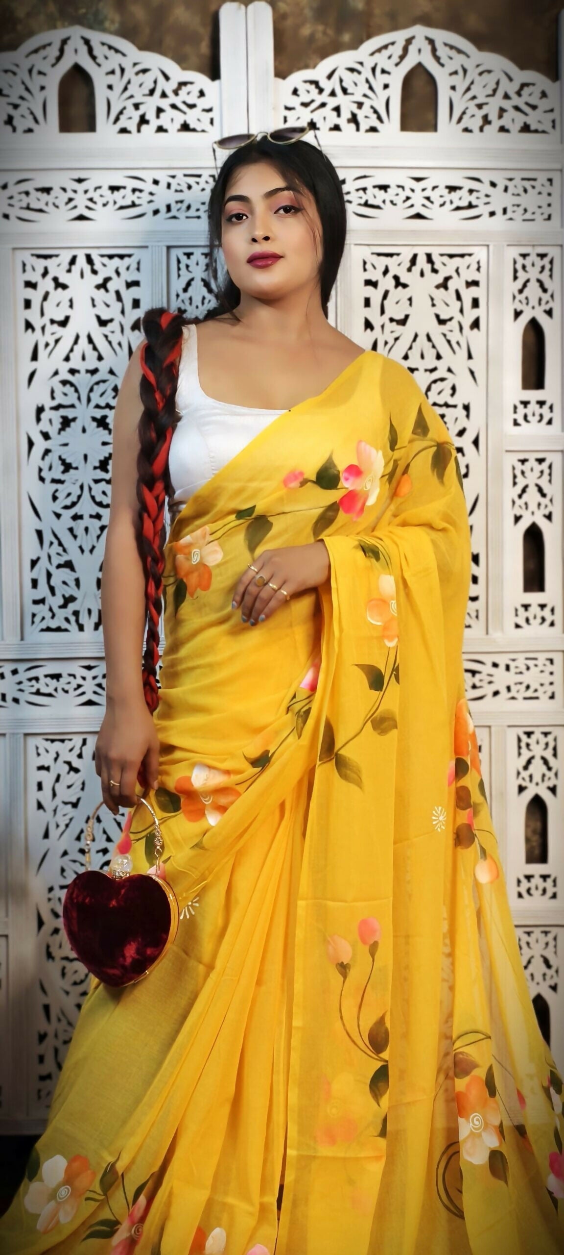 Hand-Painted Floral Mul Cotton Saree in Yellow – Pure & Breathable Fabric