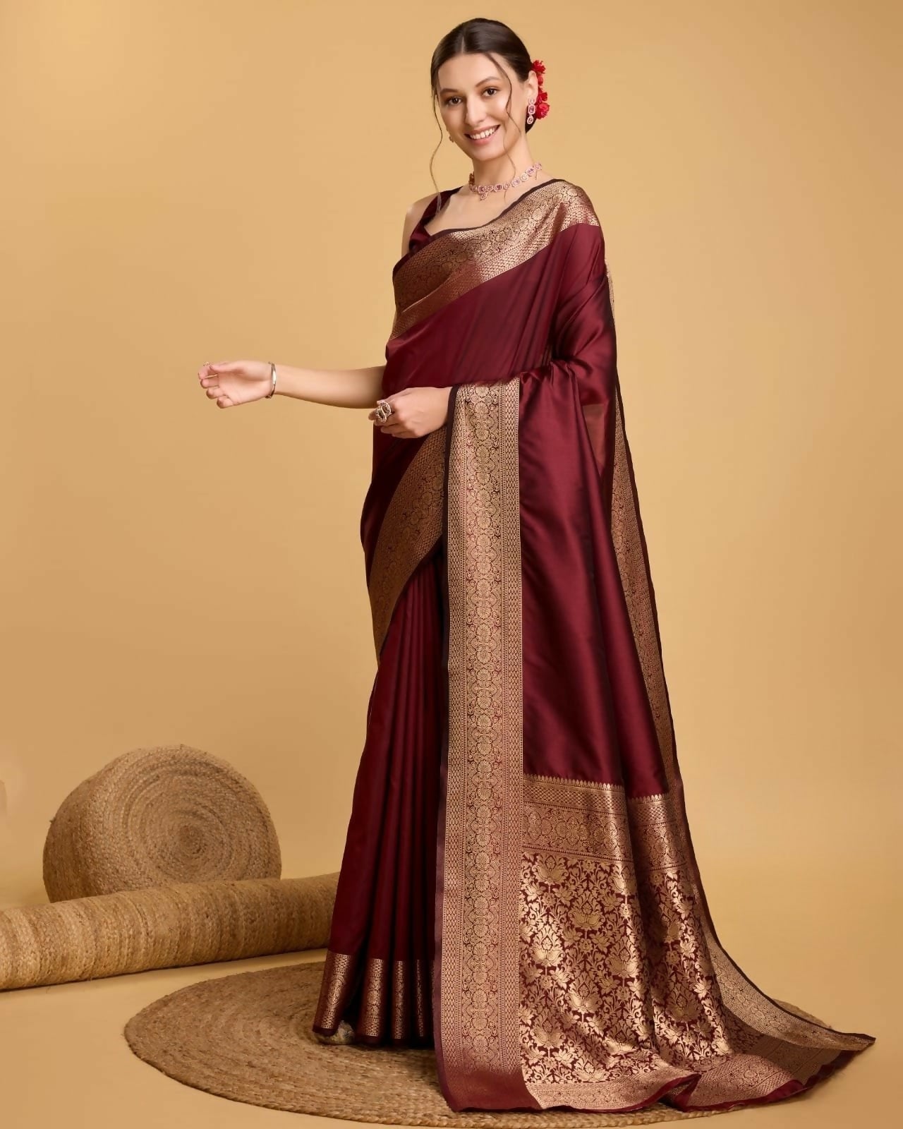 Handcrafted Deep Wine Kathan Silk Saree with Royal Golden Zari Weaving & Designer Pallu