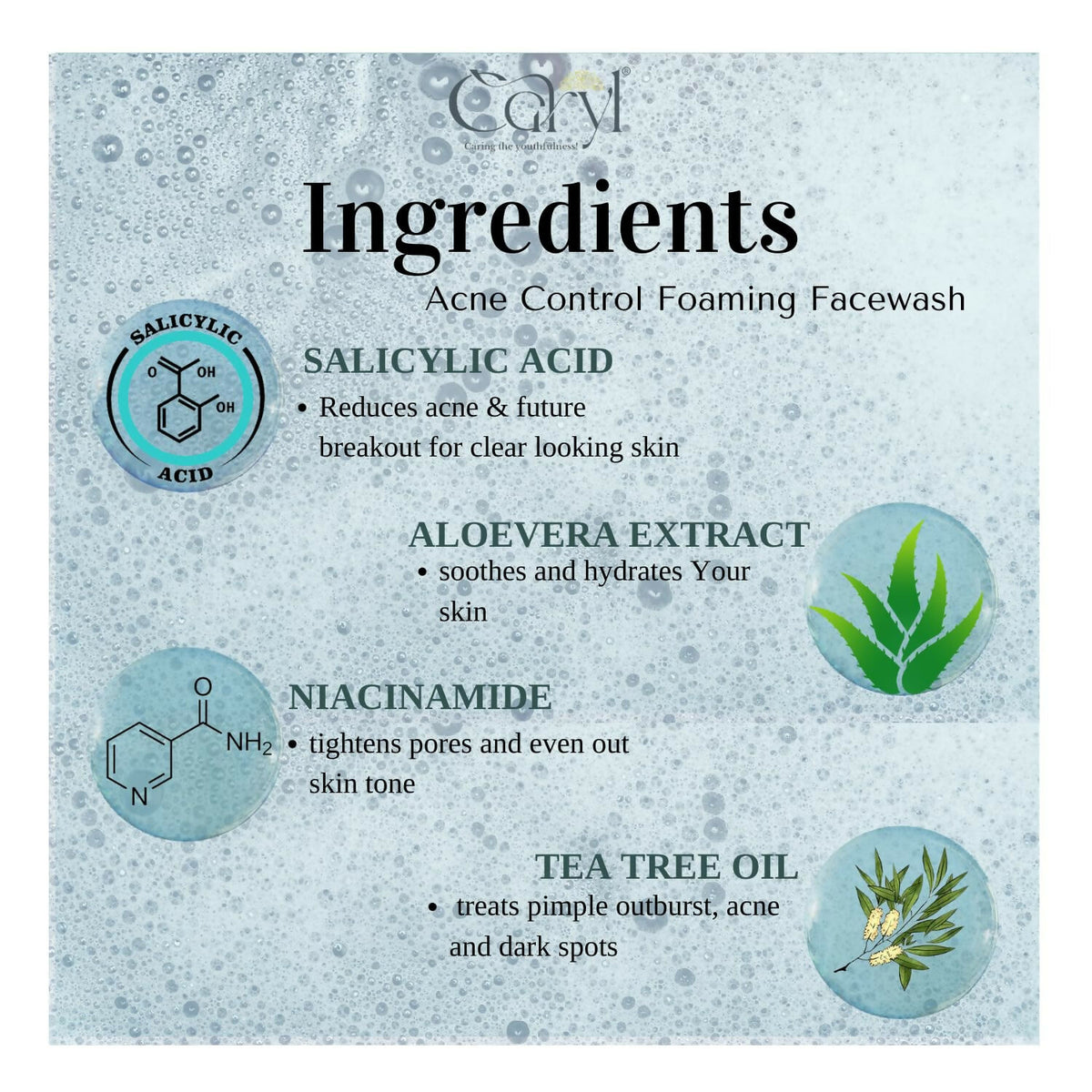 Caryl 150ml Foaming Face Wash | Salicylic Acid, Tea Tree Oil & Aloe Vera Face Cleanser for Oily & Acne-Prone Skin | Deep Pore Cleansing, Oil Control & Pimple Care | Paraben-Free Face Wash for Men & Women