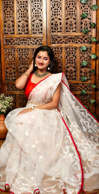 Handcrafted White Pure Organza Muslin Saree with Red Border & Floral Appliqué Work | Festive Bengali Saree | Includes Matching Red Blouse Piece