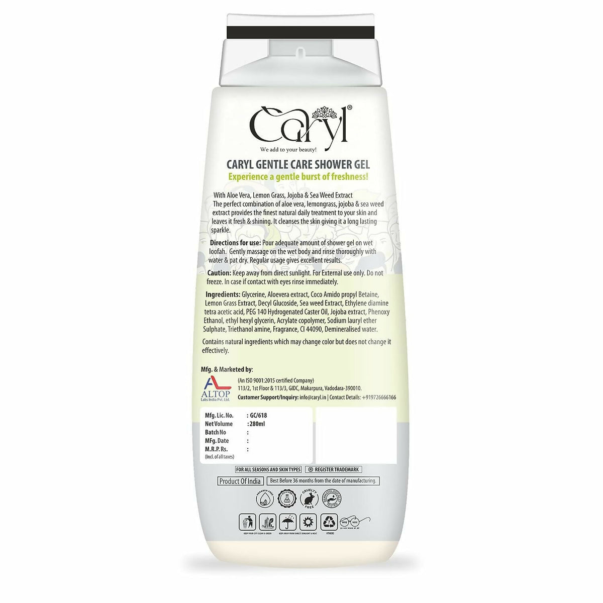 Caryl 280ml Gentle Care Body Wash|Hydrating Refreshing Body Wash for Men & Women Dry Skin|Shower Gel with Aloe Vera, Lemongrass, Jojoba & Seaweed|Paraben & Soap Free|Daily Use for All Skin Types