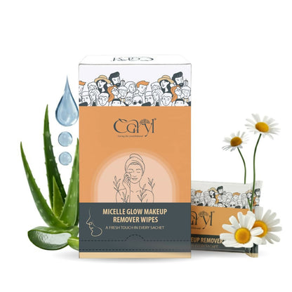 CARYL Micelle Glow makeup remover micellar water facial wet wipes for women (72 Single use Sachets) | Micellar Water Formula with Aloe Vera, Chamomile Extract, D Panthenol | Gentle Facial Cleansing Wet Tissues for Soft, Hydrated Skin, lipstick remover wip