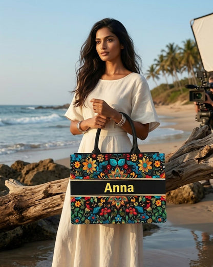 Custom Name Abstract Mosaic Sun Canvas Tote Bag for Women