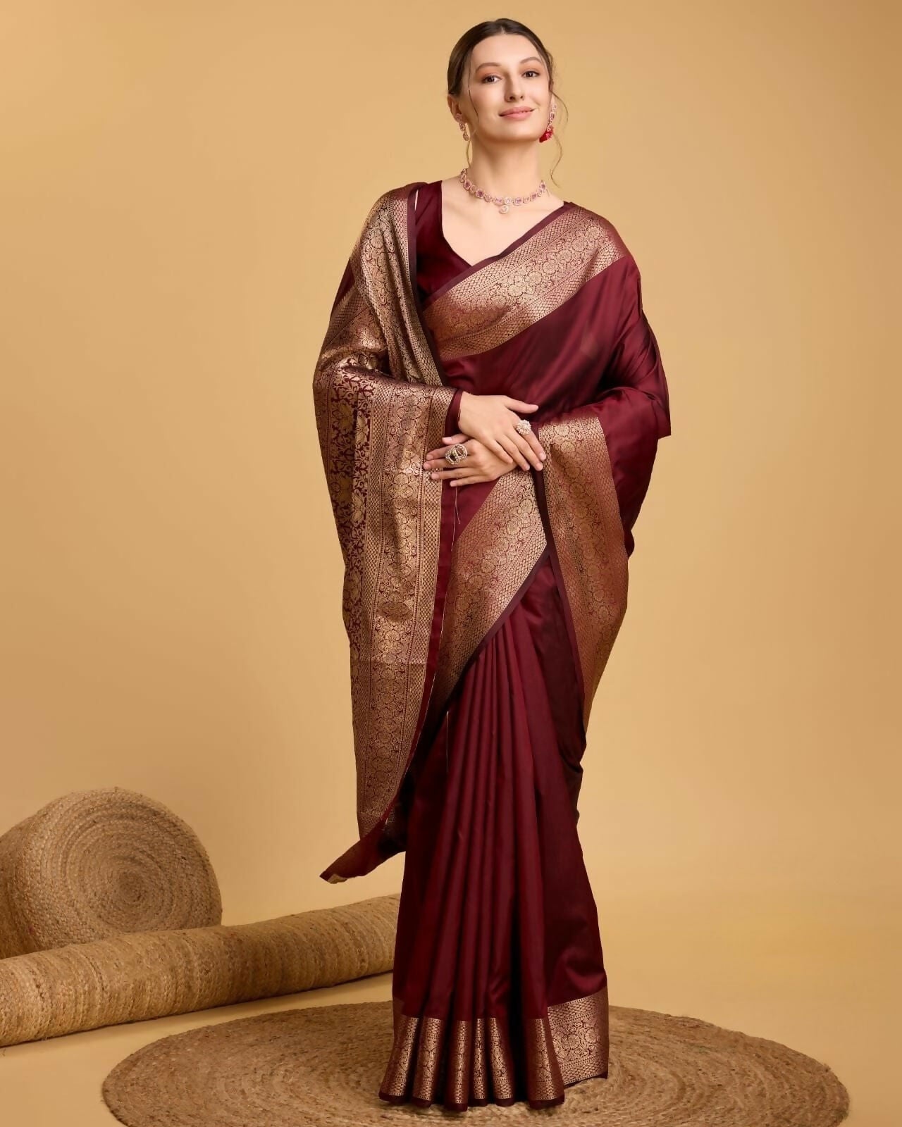 Handcrafted Deep Wine Kathan Silk Saree with Royal Golden Zari Weaving & Designer Pallu