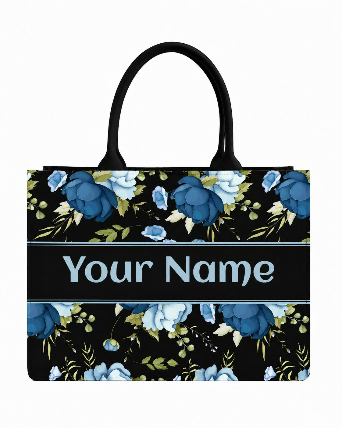 Custom Name Blue Elegant Floral Canvas Tote Bag for Women