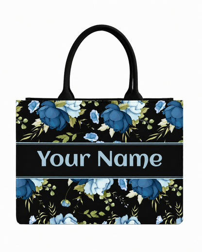 Custom Name Blue Elegant Floral Canvas Tote Bag for Women