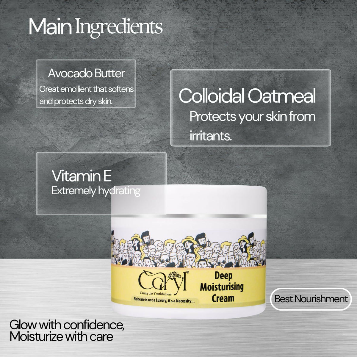 CARYL Deep Moisturising Face Cream |Enriched with Avocado Butter & Oatmeal |Deep Nourishment & Hydration, For Men & Women |Smooth, Soft & Nourished Skin, 200g