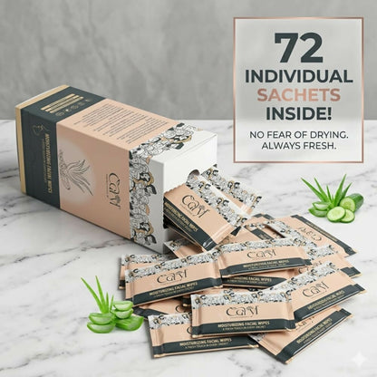 Caryl Moisturizing Facial Wipes |Makeup Removal Wipes Gently Cleanses, Hydrates & Refreshes Skin |Aloe Vera, Cucumber & Vitamin E |Non-Sticky, Soft & Alcohol-Free |All Skin Types |Travel Friendly Wet Wipes individually wrapped (72- Sachets)