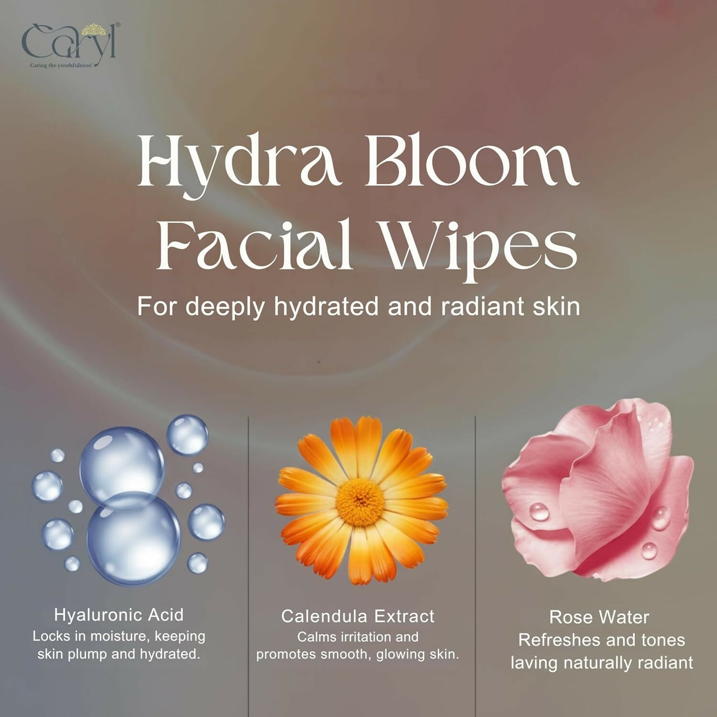 Caryl Hydra Bloom Facial Wipes | Gentle Hydrating & Moisturizing Face Wipes with Sodium Hyaluronate, Calendula & Rose Water | Soft, Smooth & Refreshed Skin - 72 Single Sachets